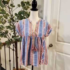 THML Blue Pink Striped Blouse with Tassels